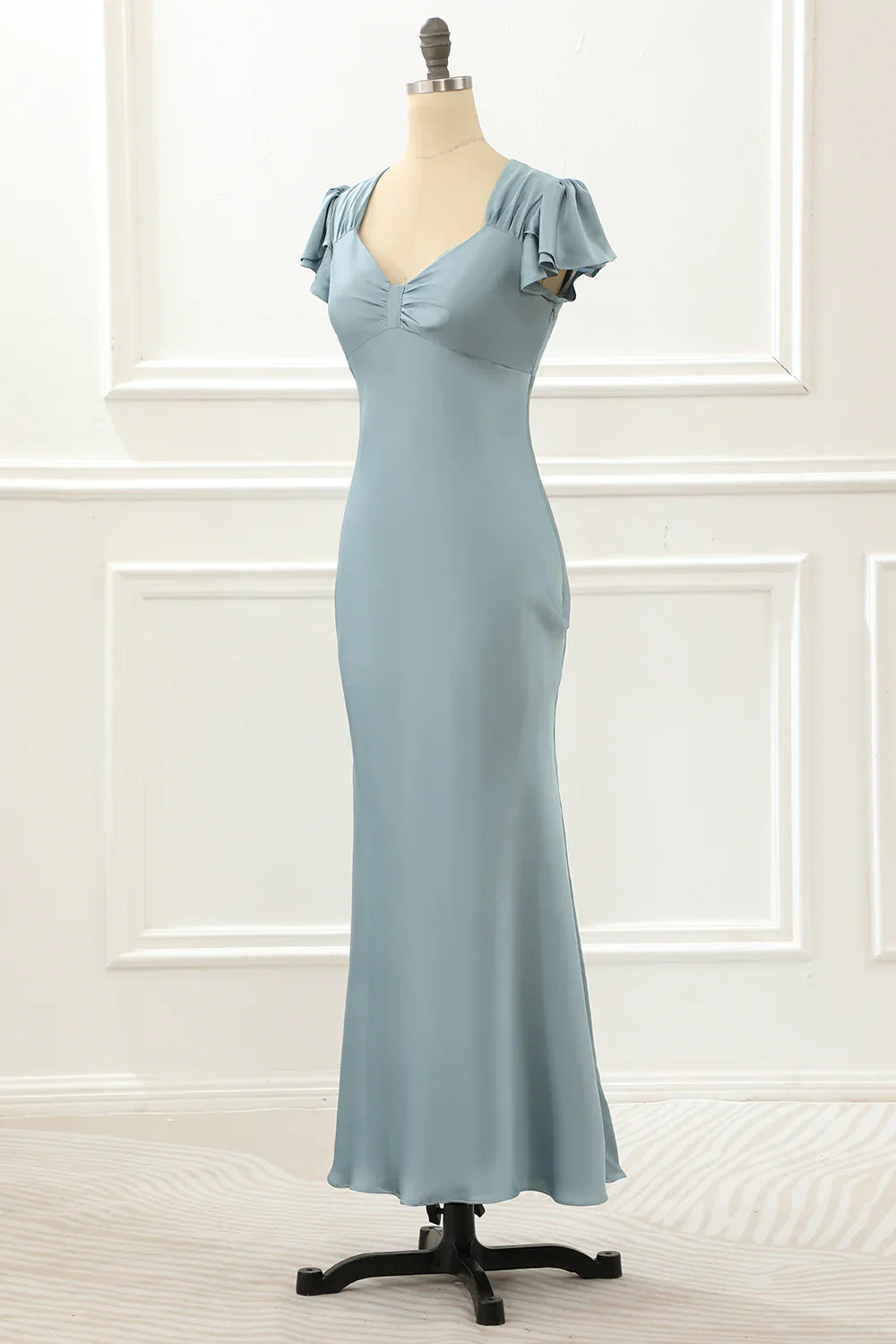 Satin Simple Blue Prom Dress With Ruffles