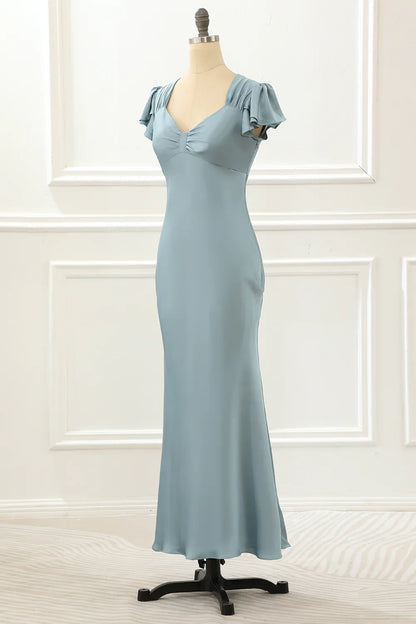 Satin Simple Blue Prom Dress With Ruffles