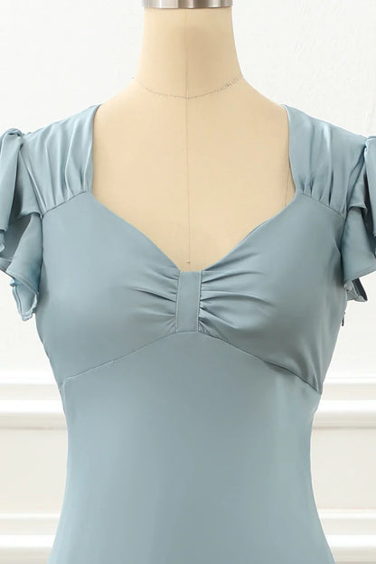 Satin Simple Blue Prom Dress With Ruffles