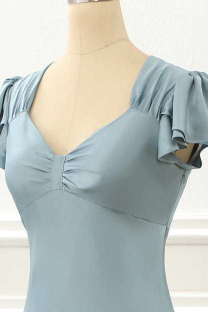 Satin Simple Blue Prom Dress With Ruffles