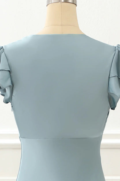 Satin Simple Blue Prom Dress With Ruffles