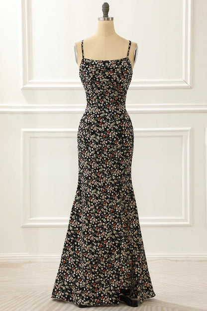 Spaghetti Straps Simple Black Prom Dress With Floral Print