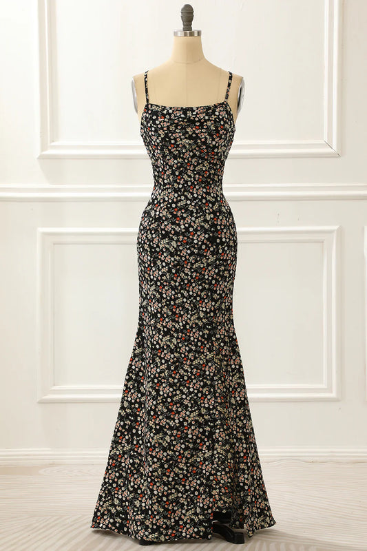 Spaghetti Straps Simple Black Prom Dress With Floral Print