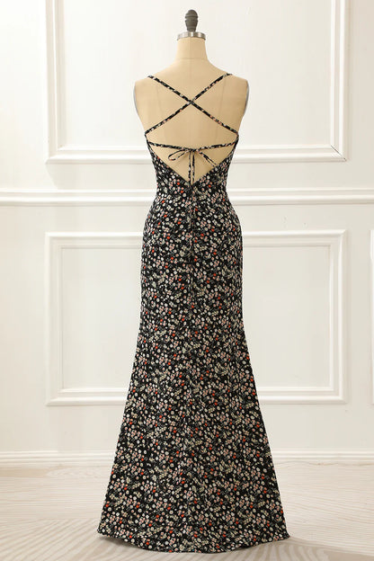 Spaghetti Straps Simple Black Prom Dress With Floral Print