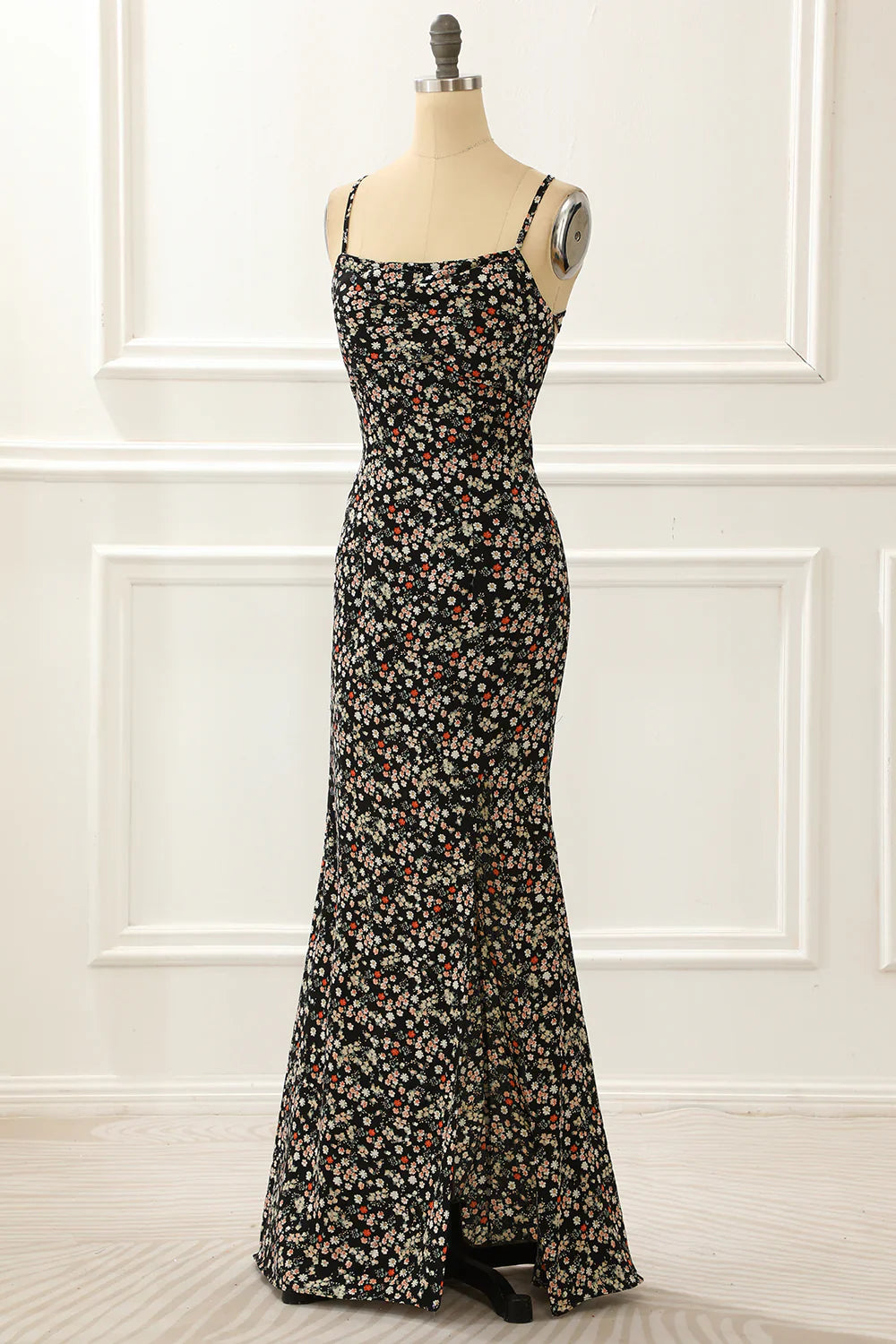 Spaghetti Straps Simple Black Prom Dress With Floral Print