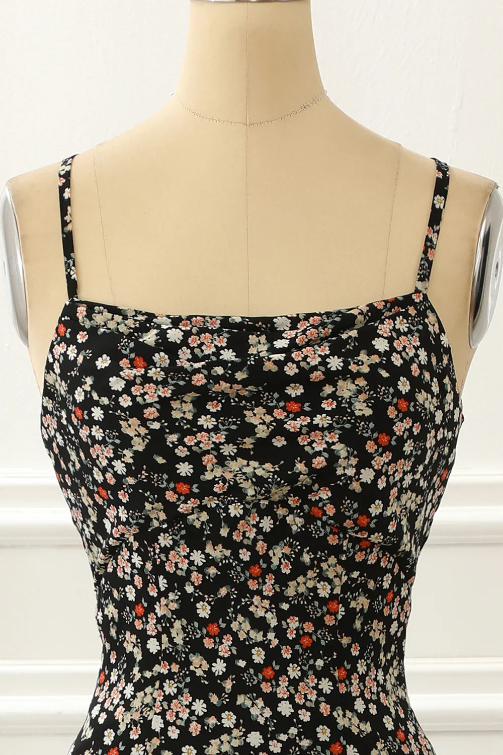 Spaghetti Straps Simple Black Prom Dress With Floral Print