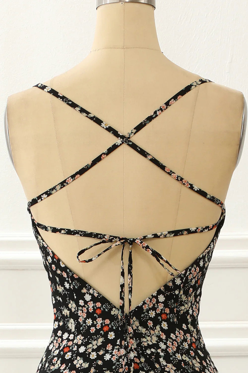 Spaghetti Straps Simple Black Prom Dress With Floral Print