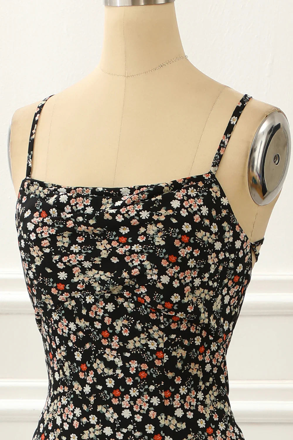 Spaghetti Straps Simple Black Prom Dress With Floral Print