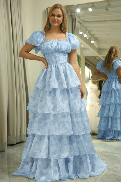 A-Line Tiered Corset Light Blue Prom Dress With Puff Sleeves