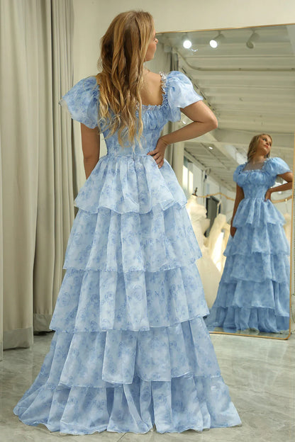 A-Line Tiered Corset Light Blue Prom Dress With Puff Sleeves