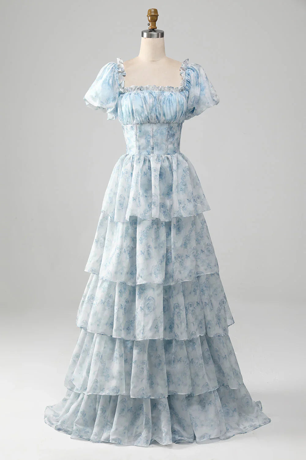A-Line Tiered Corset Light Blue Prom Dress With Puff Sleeves