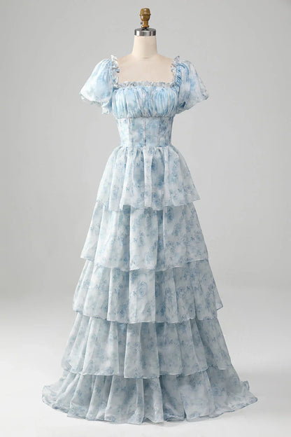 A-Line Tiered Corset Light Blue Prom Dress With Puff Sleeves