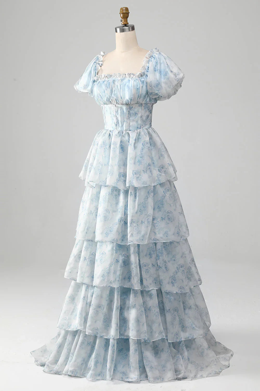 A-Line Tiered Corset Light Blue Prom Dress With Puff Sleeves