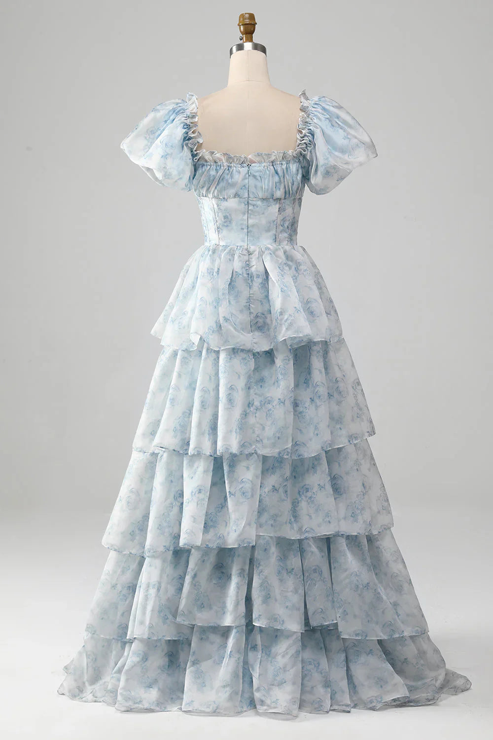 A-Line Tiered Corset Light Blue Prom Dress With Puff Sleeves
