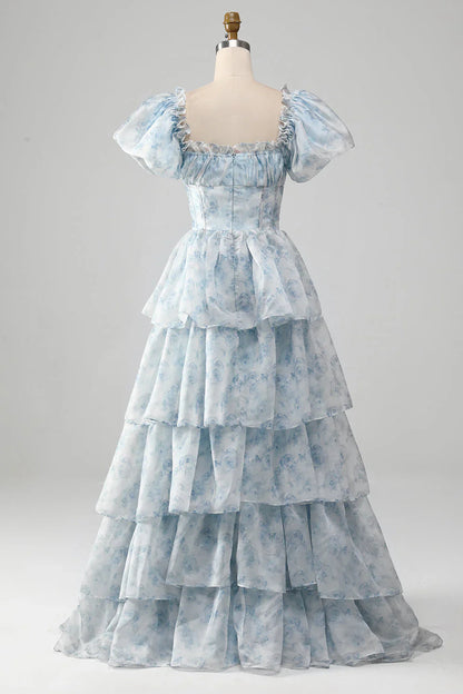 A-Line Tiered Corset Light Blue Prom Dress With Puff Sleeves