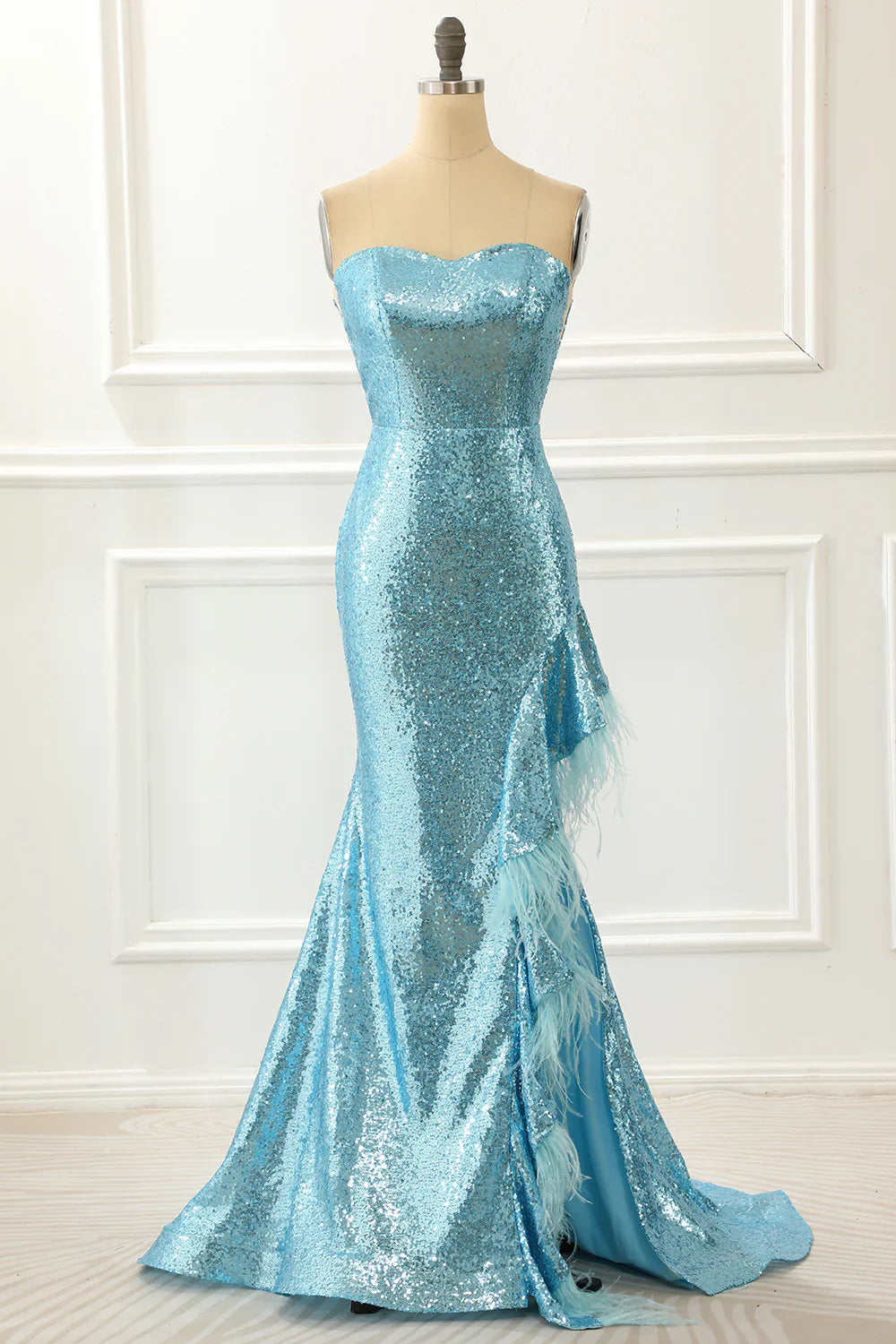 Strapless Sequin Mermaid Blue Prom Dress With Feathers