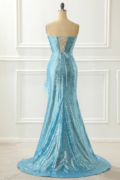 Strapless Sequin Mermaid Blue Prom Dress With Feathers