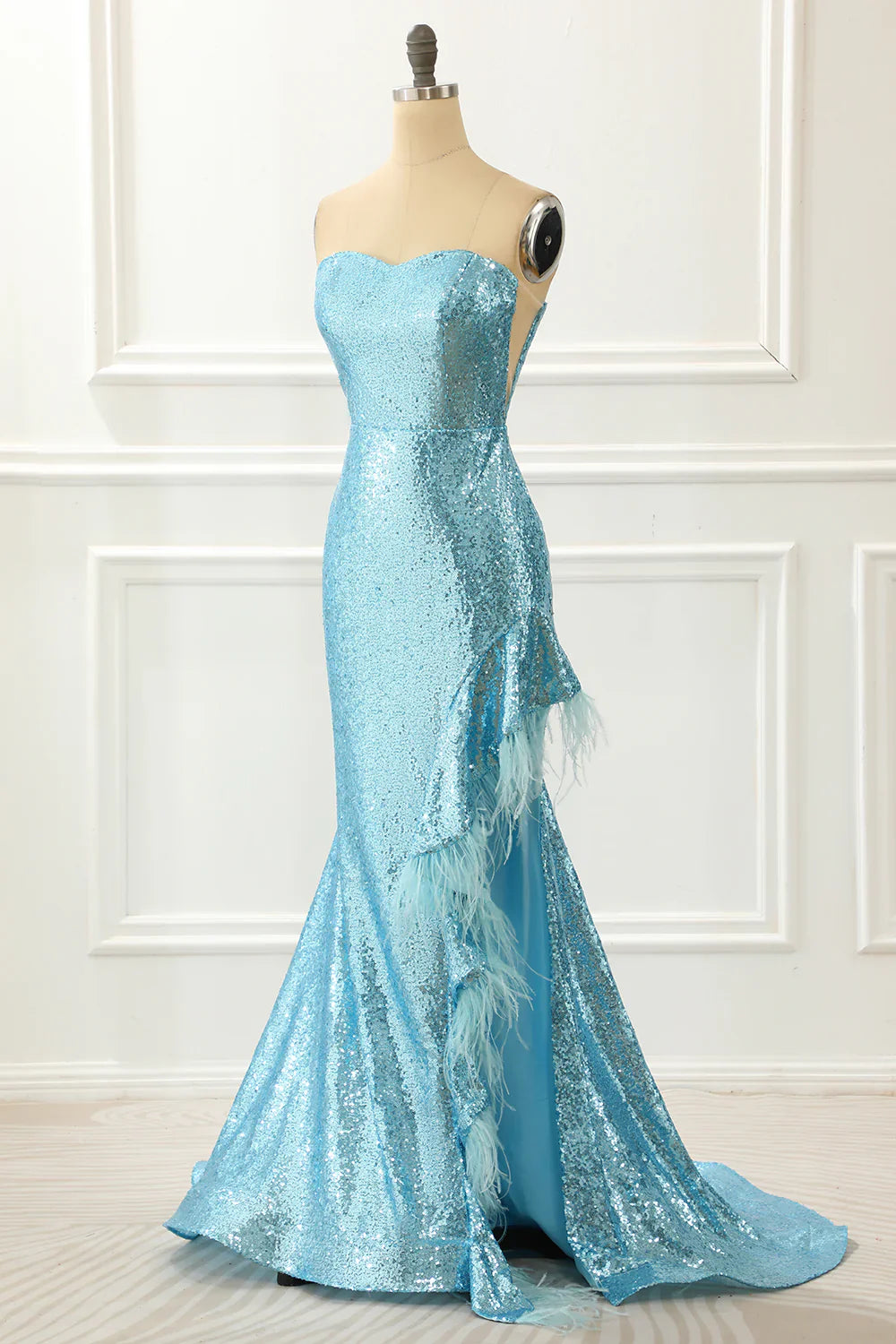 Strapless Sequin Mermaid Blue Prom Dress With Feathers
