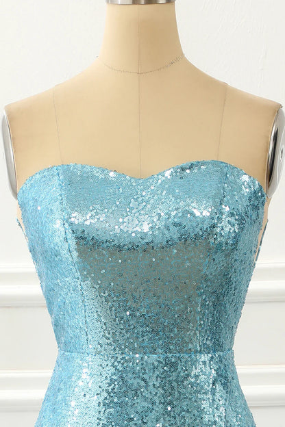 Strapless Sequin Mermaid Blue Prom Dress With Feathers