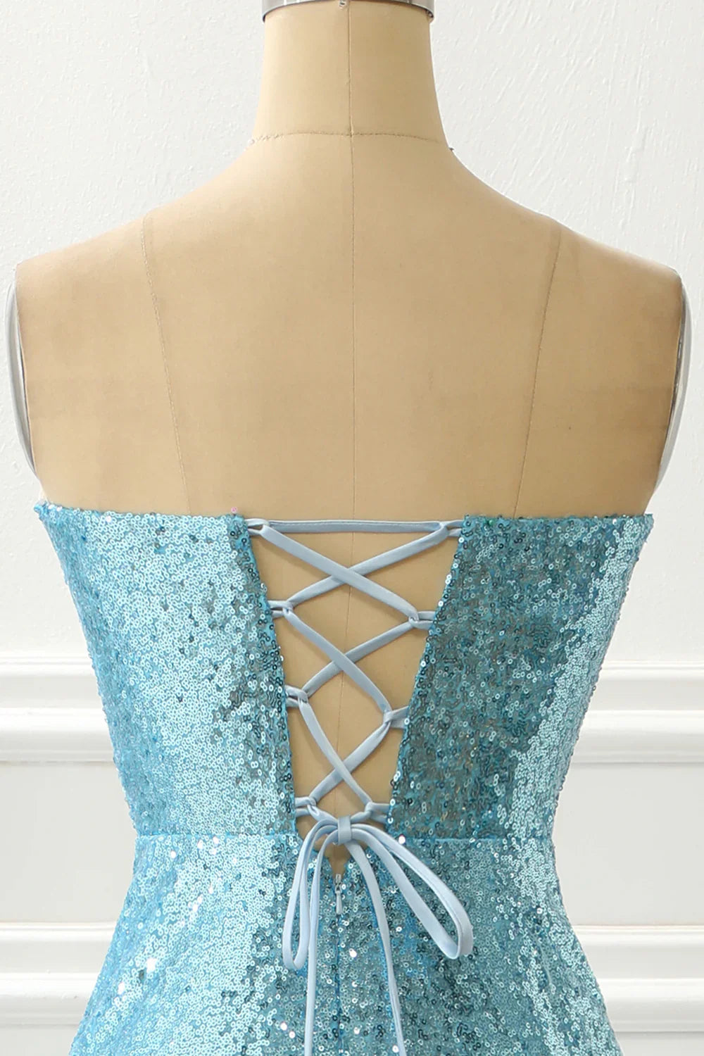 Strapless Sequin Mermaid Blue Prom Dress With Feathers