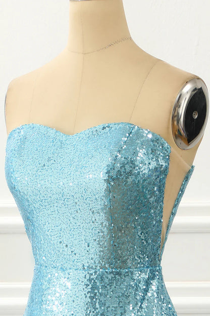 Strapless Sequin Mermaid Blue Prom Dress With Feathers