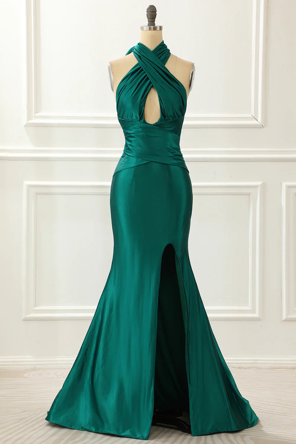 Halter Satin Mermaid Dark Green Prom Dress With Slit