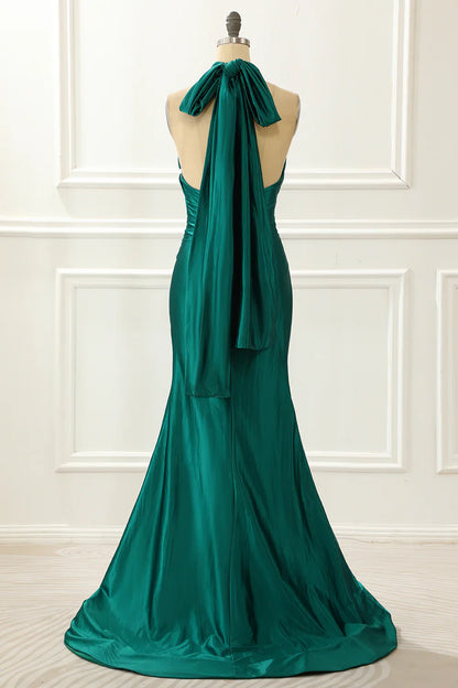 Halter Satin Mermaid Dark Green Prom Dress With Slit