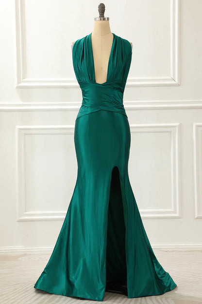 Halter Satin Mermaid Dark Green Prom Dress With Slit