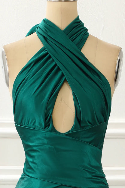 Halter Satin Mermaid Dark Green Prom Dress With Slit