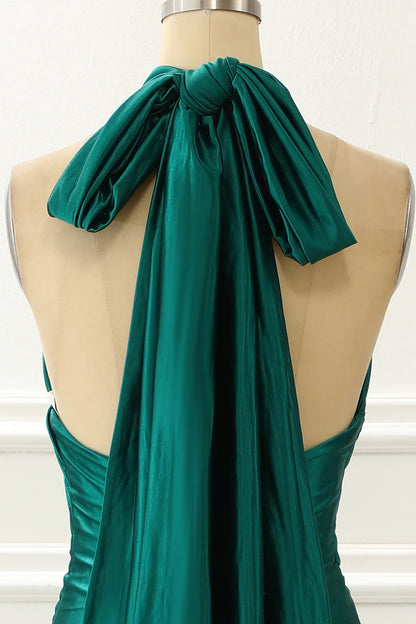 Halter Satin Mermaid Dark Green Prom Dress With Slit