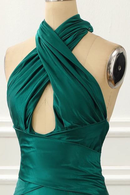 Halter Satin Mermaid Dark Green Prom Dress With Slit