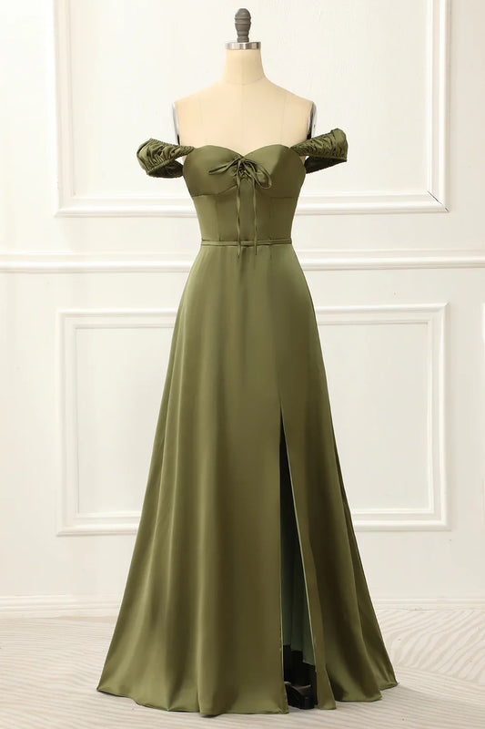 Off Shoulder Satin Simple Green Prom Dress