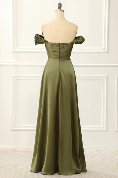 Off Shoulder Satin Simple Green Prom Dress
