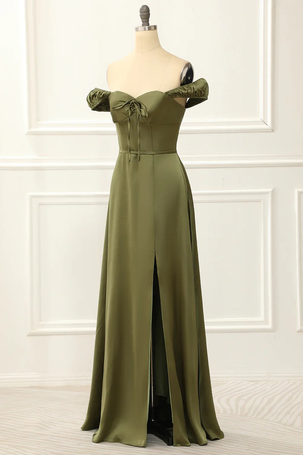 Off Shoulder Satin Simple Green Prom Dress