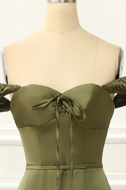 Off Shoulder Satin Simple Green Prom Dress