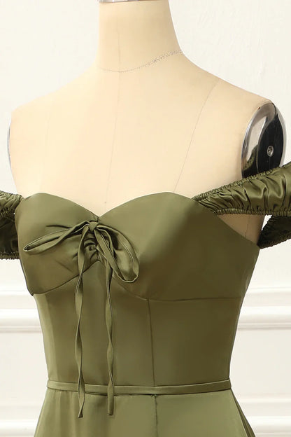 Off Shoulder Satin Simple Green Prom Dress