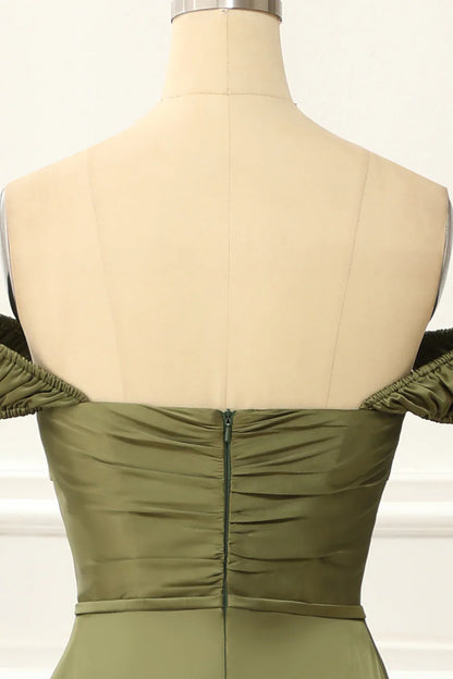 Off Shoulder Satin Simple Green Prom Dress