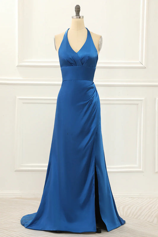 Halter Simple Royal Blue Prom Dress With Slit