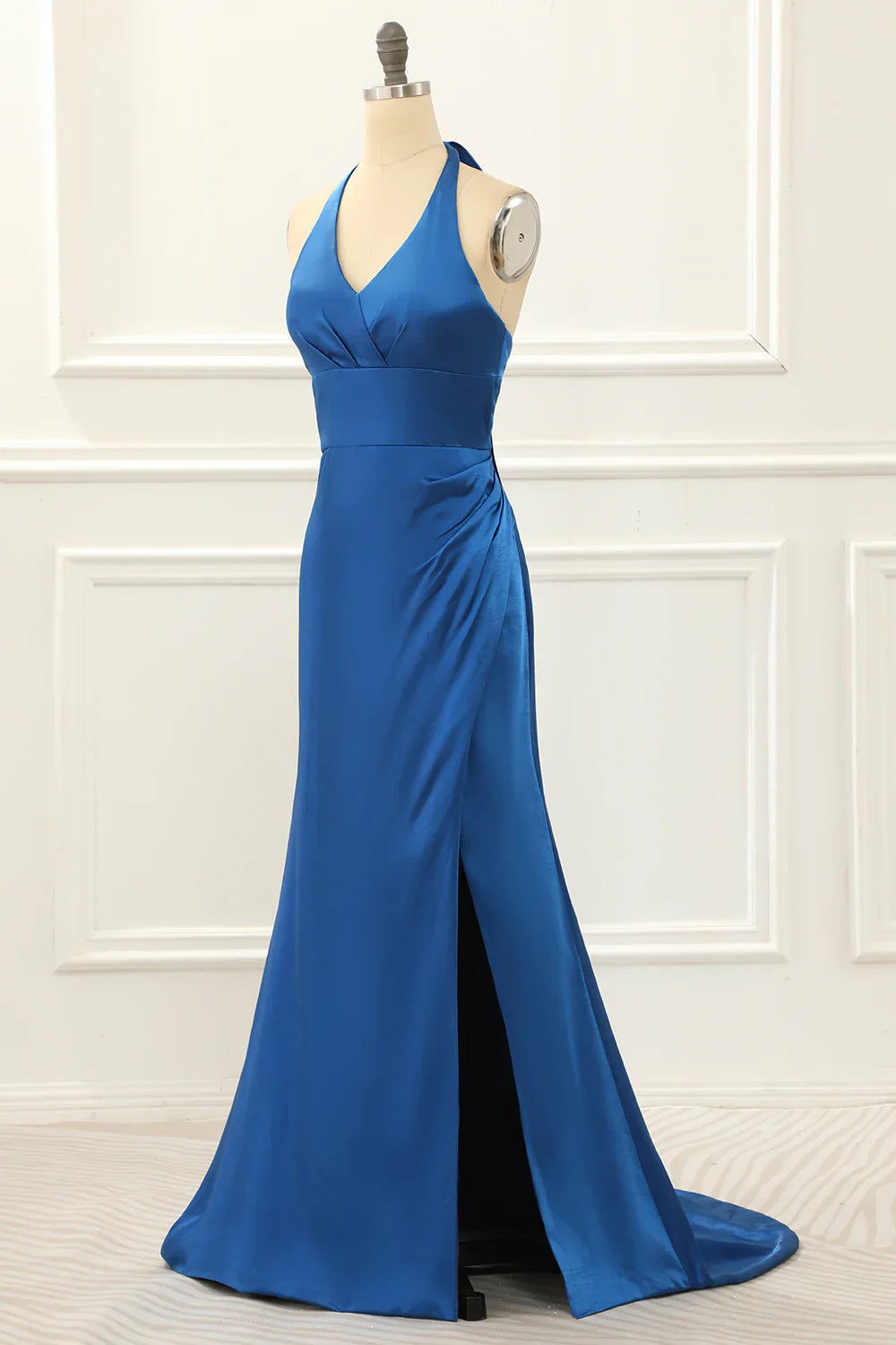 Halter Simple Royal Blue Prom Dress With Slit