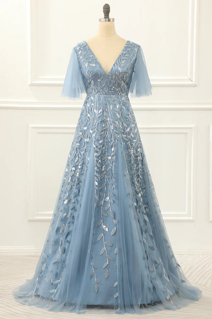 A Line Tulle Blue Prom Dress With Lace Appliques