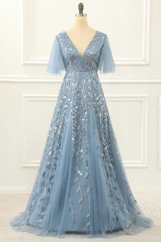 A Line Tulle Blue Prom Dress With Lace Appliques