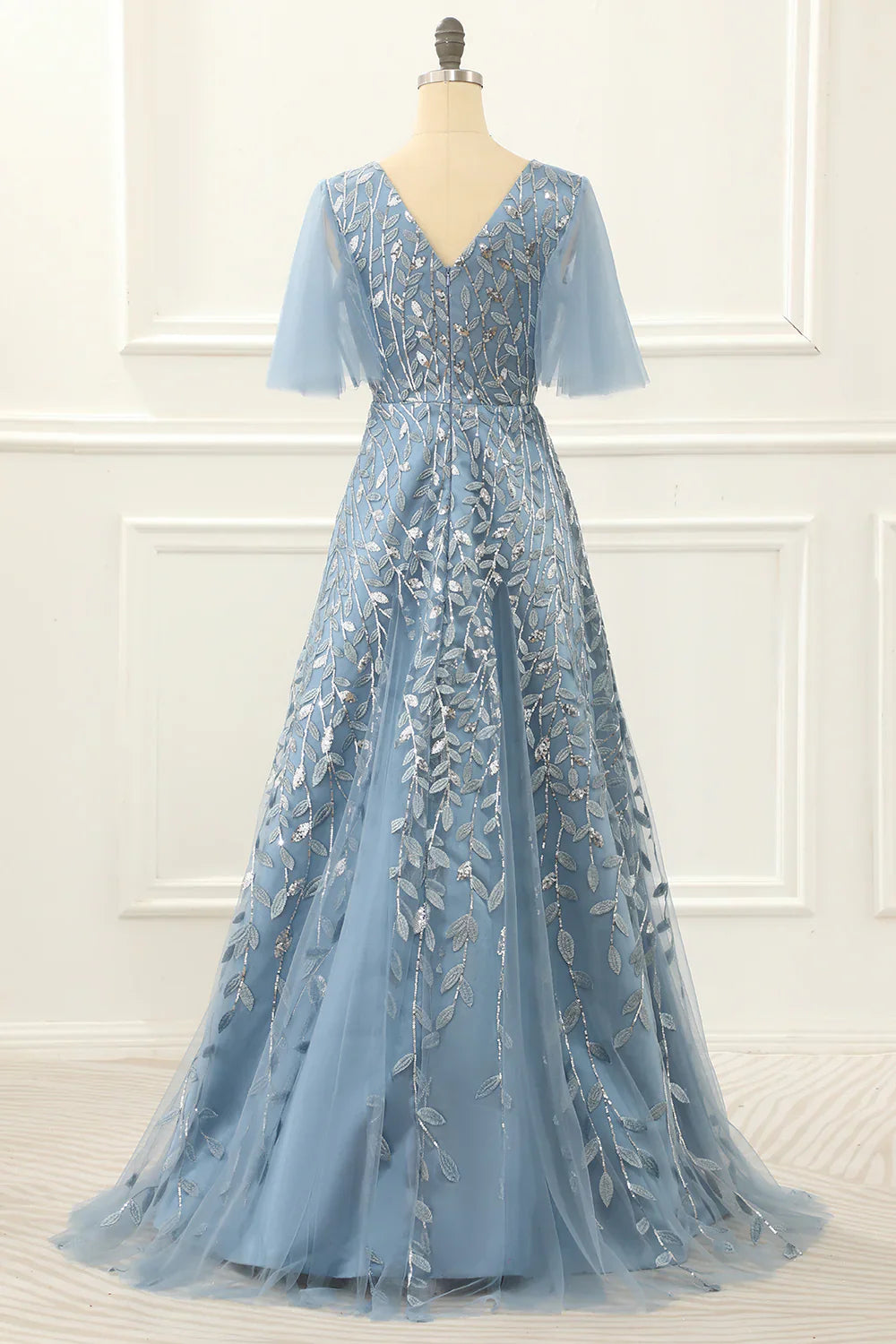 A Line Tulle Blue Prom Dress With Lace Appliques