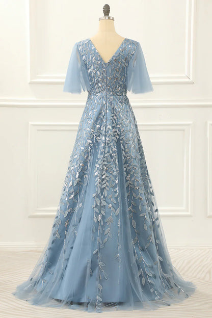 A Line Tulle Blue Prom Dress With Lace Appliques
