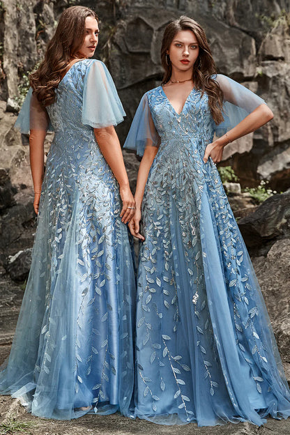 A Line Tulle Blue Prom Dress With Lace Appliques