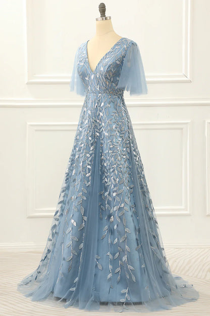 A Line Tulle Blue Prom Dress With Lace Appliques
