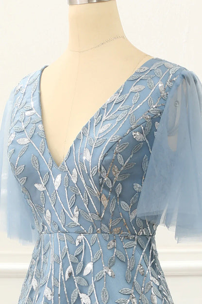 A Line Tulle Blue Prom Dress With Lace Appliques