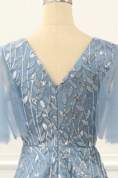 A Line Tulle Blue Prom Dress With Lace Appliques