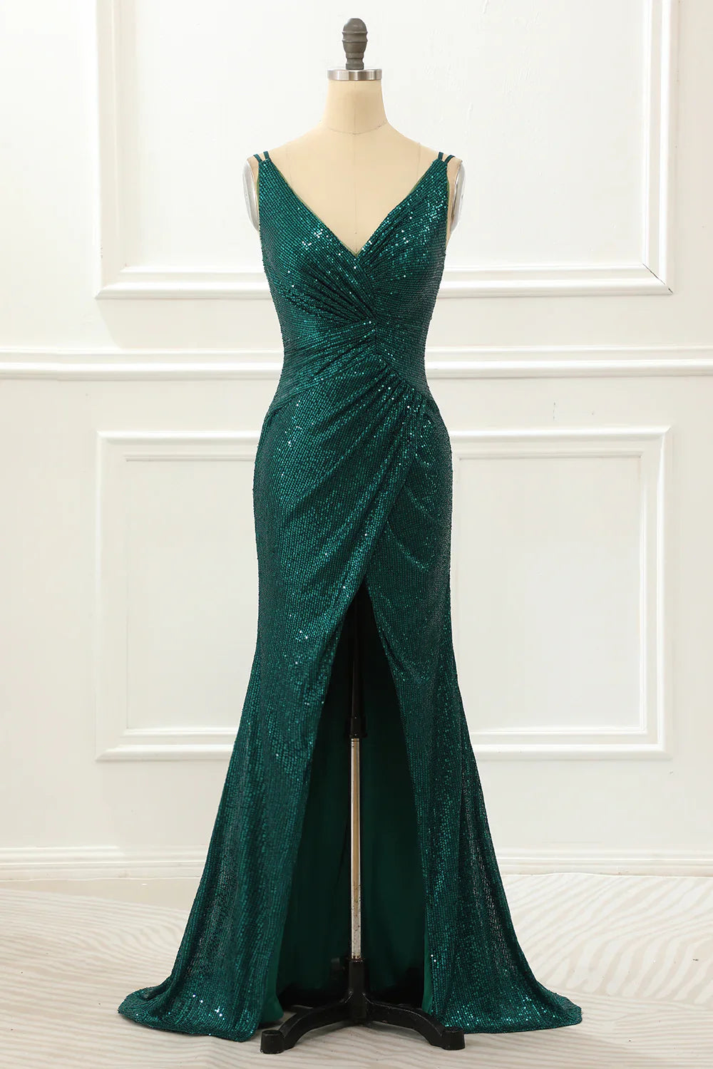 Spaghetti Straps Saprkly Dark Green Prom Dress With Slit