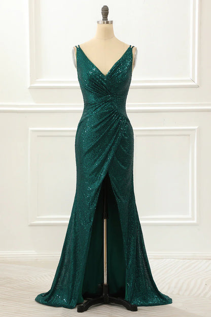 Spaghetti Straps Saprkly Dark Green Prom Dress With Slit