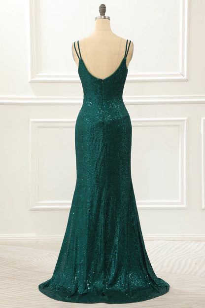 Spaghetti Straps Saprkly Dark Green Prom Dress With Slit
